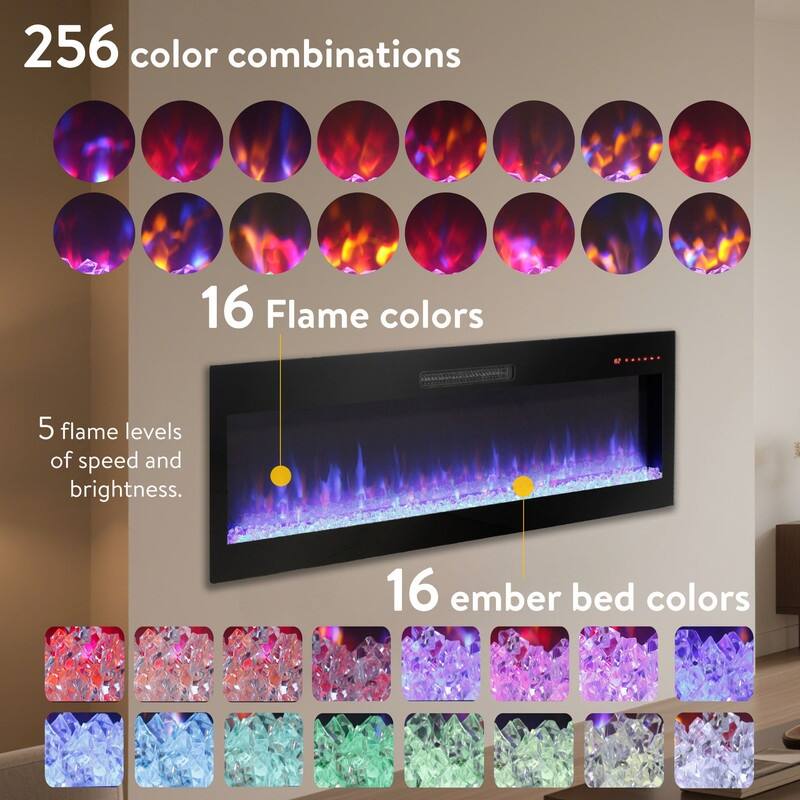 50/60 in. Smart WiFi-Enabled Wall Mount & Recessed Electric Fireplace Heaters in Black, 1400W/5000BTU
