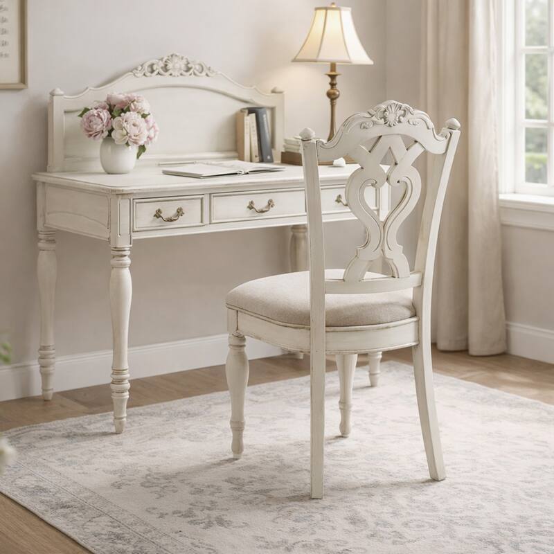 Victorian Style Writing Desk Chair with Engraved Backrest, Antique White