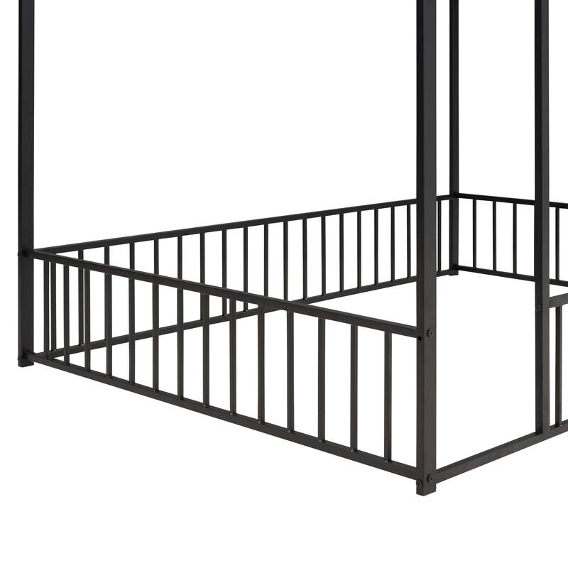 Full Size Metal Bed House Bed Frame with Fence, for Kids, Teens, Girls, Boys, Black