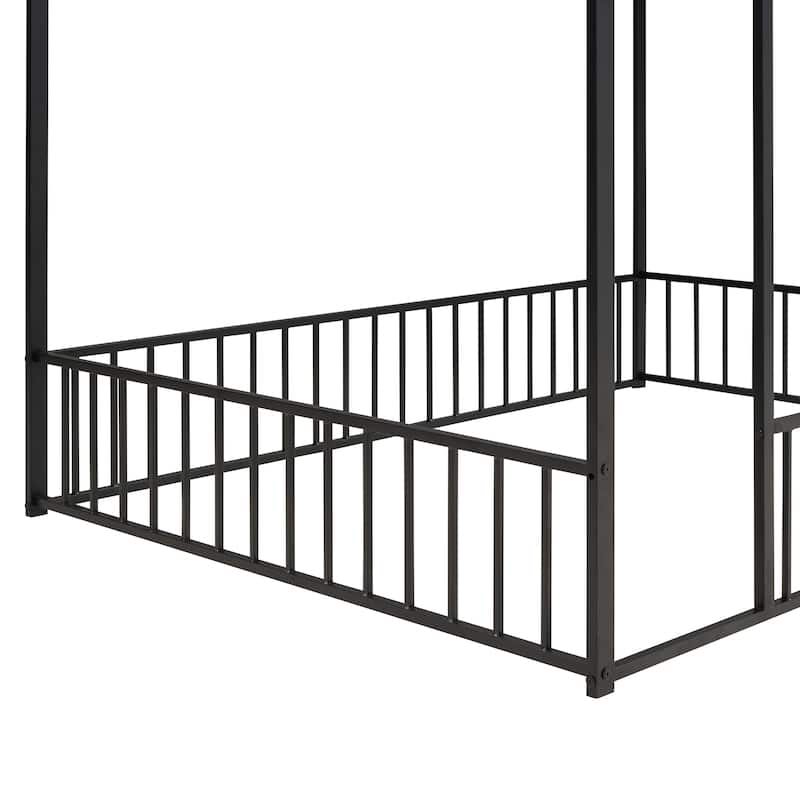 Full Size Metal Bed House Bed Frame with Fence, for Kids, Teens, Girls, Boys