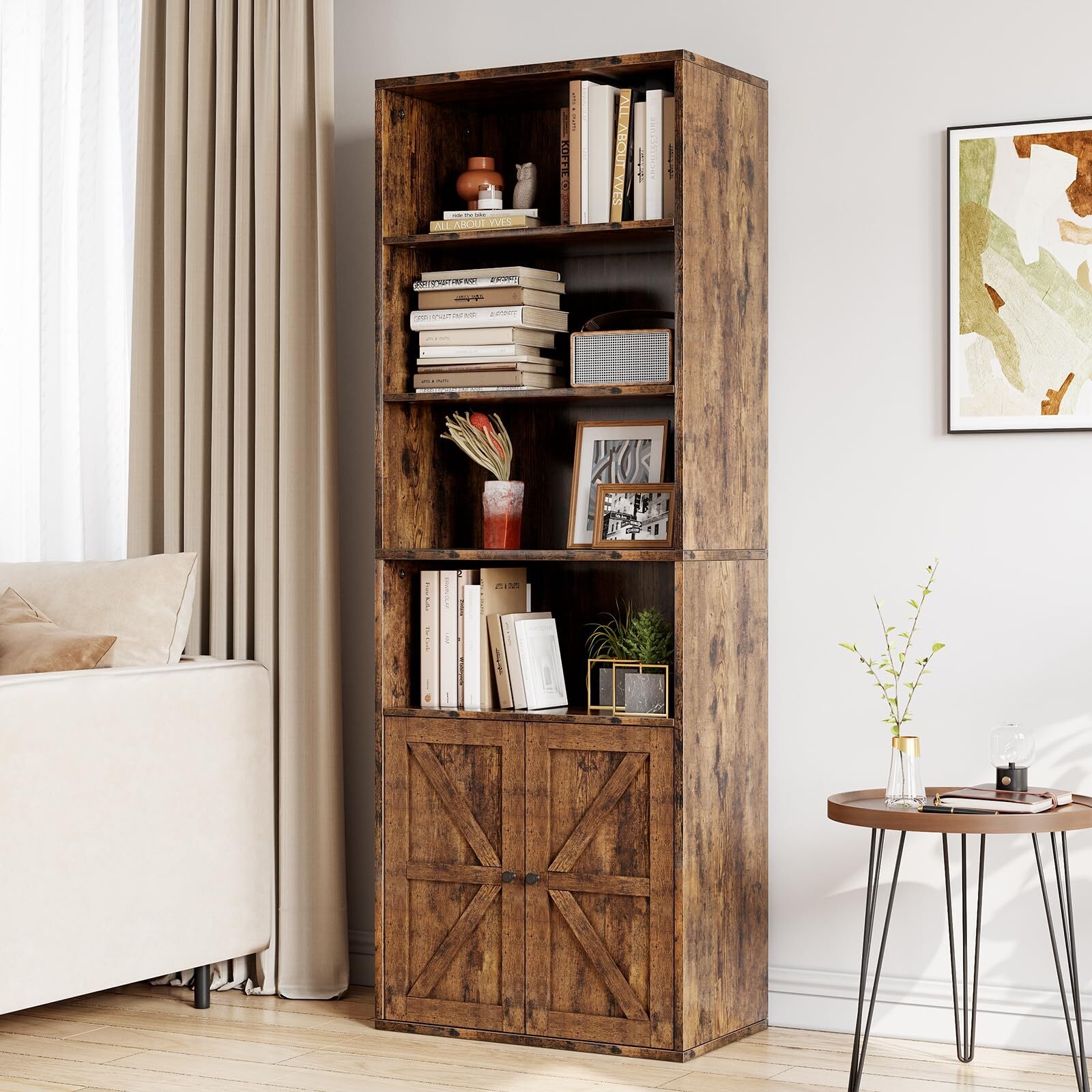Bookcase with Doors Industrial Bookshelf 11.8in Depth Display