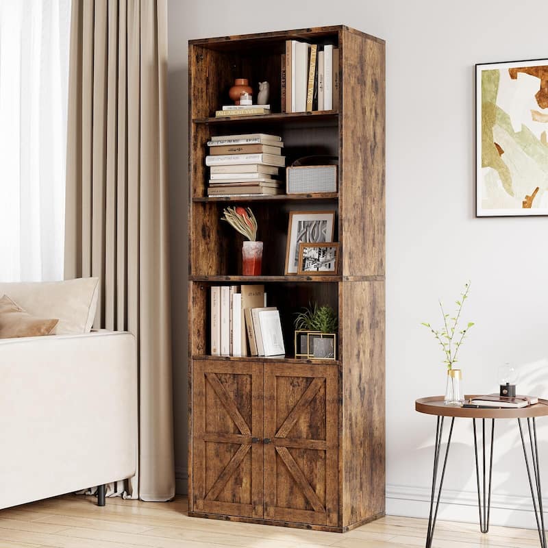 71.4" Tall Bookshelf, 4-Tier Bookcase, Book Shelf, Open Storage Shelf with Doors - Brown