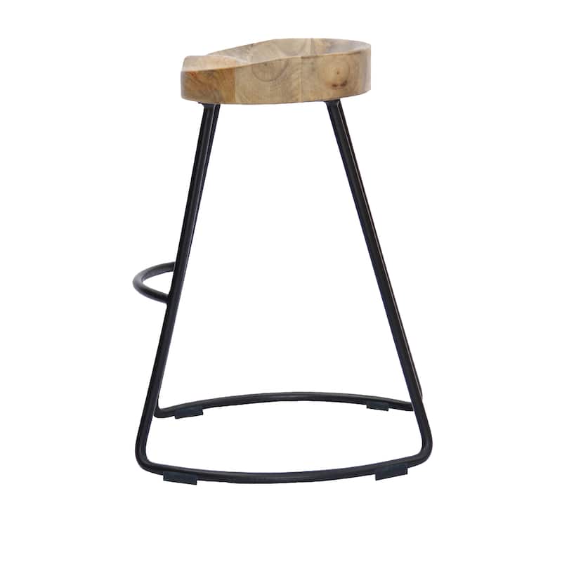 Ela 30 Inch Mango Wood Bar Stool, Saddle Seat, Iron Frame, Brown and Black