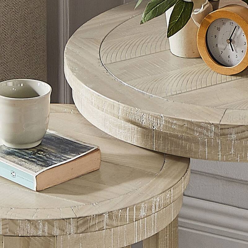 24 inch 2PCS Curved Traditional Round Circle Wooden Coffee Table Set, Mid Century Rustic Style Side Table, End Table