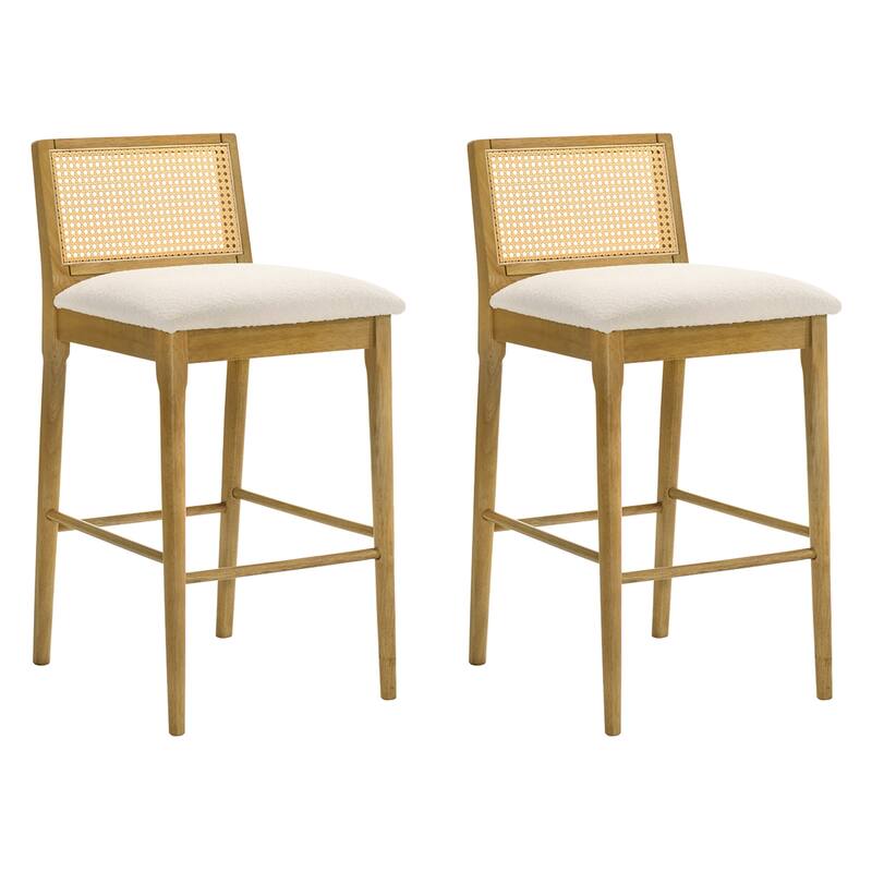 Tobias Rattan and Wood Bar Stool, Counter Height Kitchen Stool with White Boucle Fabric Upholstered Seat - Set of 2 - Amber Glow - Bar Height