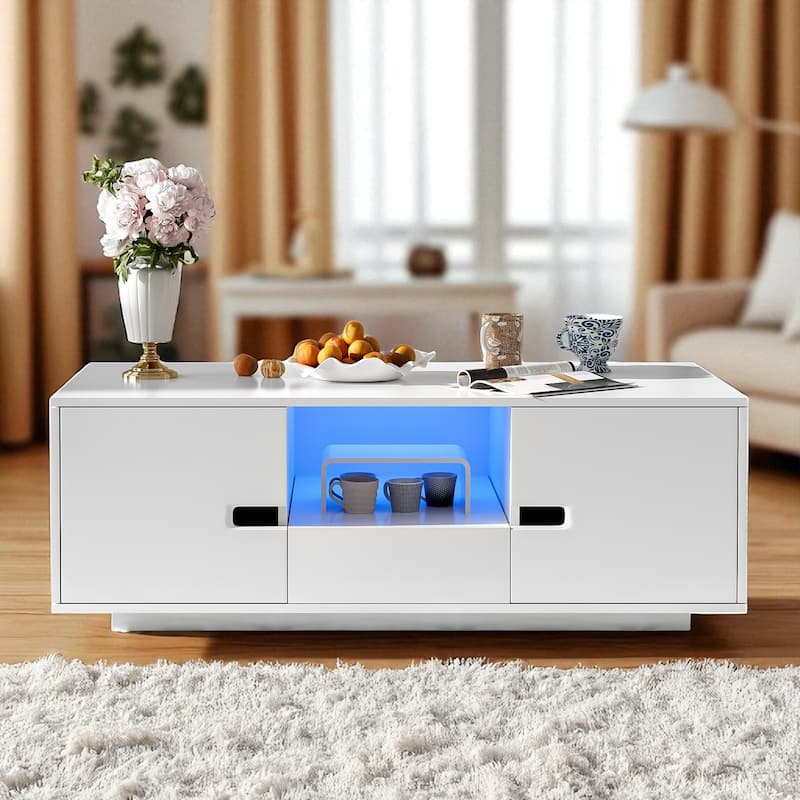 Modern High Gloss Rectangle Coffee Table with Storage and 16-Color LED Lights, Contemporary Center Table - White