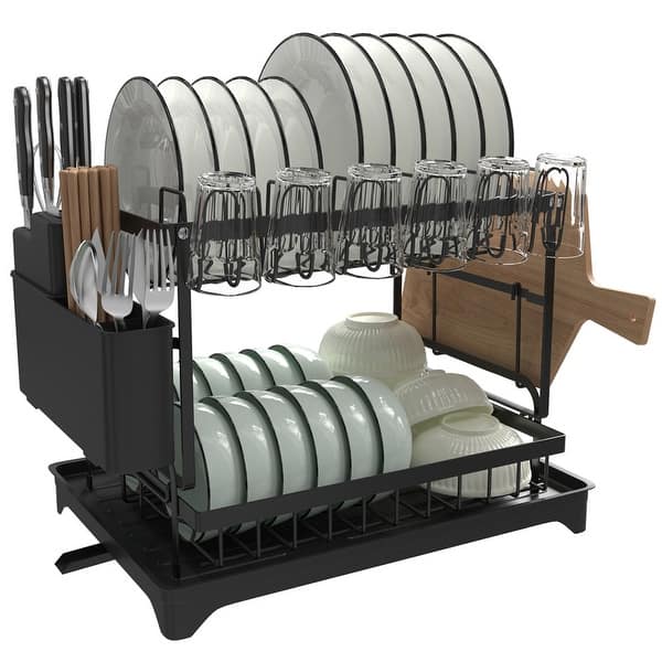 Innovaze 2 Tier Anti-Rust Dish Drying Rack Set with Drainage Spout - Black