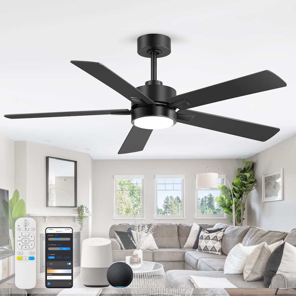 52-Inch Smart Ceiling Fan with Lights, Remote, APP & Alexa Control, Dimmable LED, DC Motor, 5 Black Blades, Modern Ceiling Fan