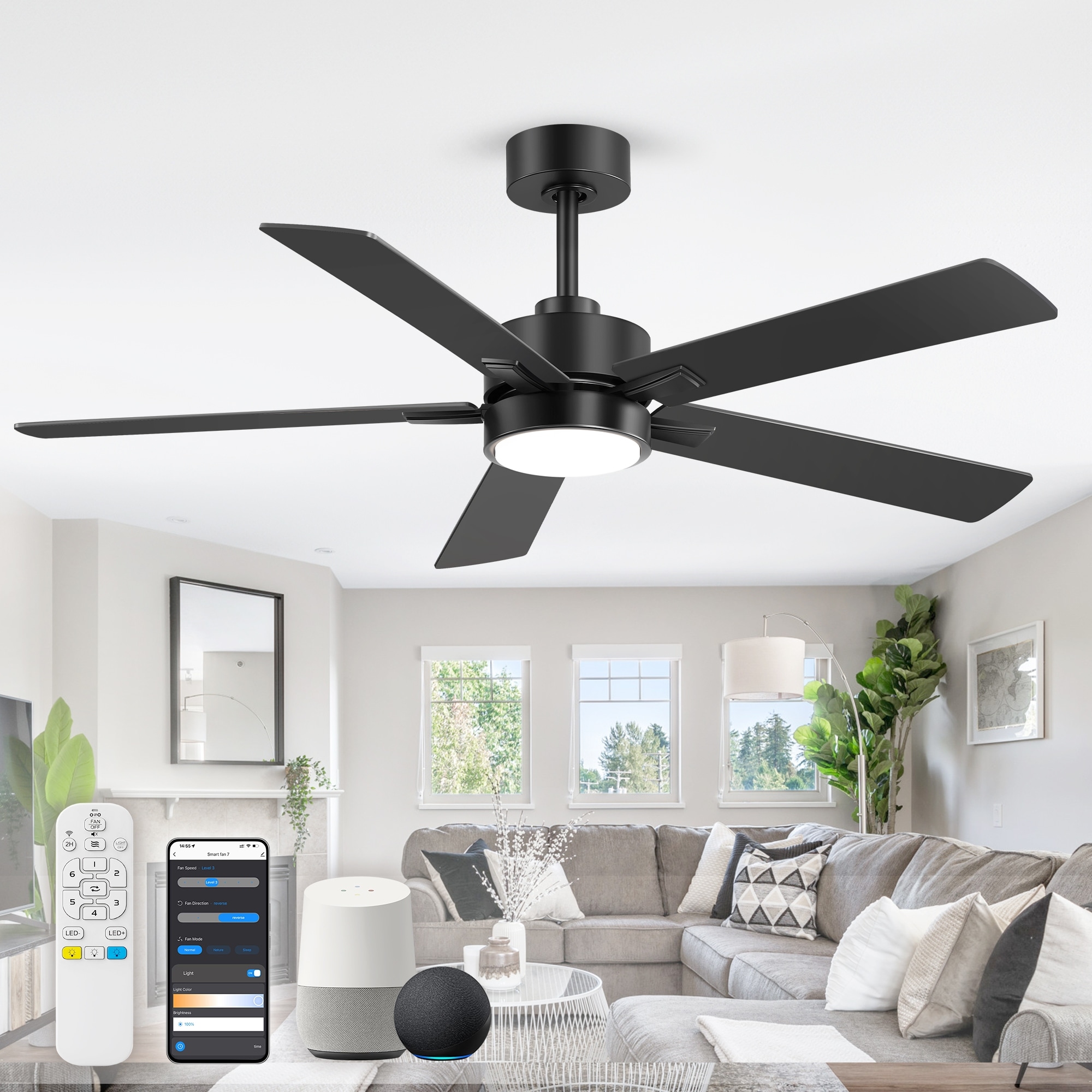 52-Inch Smart Ceiling Fan with Lights, Remote, APP & Alexa Control, Dimmable LED, DC Motor, 5 Black Blades, Modern Ceiling Fan