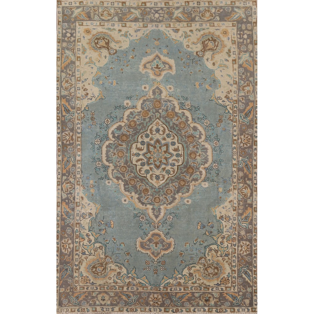 Blue Distressed Tabriz Persian Vintage Rug Hand-knotted Wool Carpet - 6'5" x 9'5"