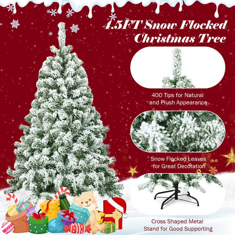 Gymax 4.5ft Snow Flocked Christmas Tree Hinged Artificial Pine Tree w/ - See Details