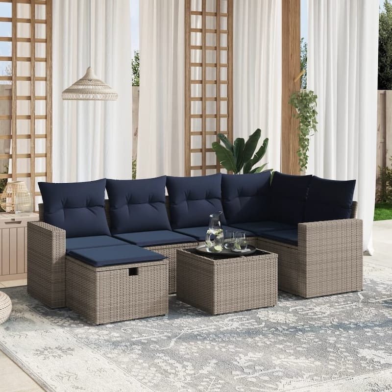 vidaXL Patio Sofa Set with Cushions Outdoor Conversation Furniture Poly Rattan - Gray with table - 24.4" x 24.4" x 27.2"