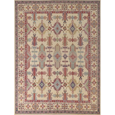 Geometric Beige Kazak Oriental Area Rug Hand-Knotted Wool Carpet - 8'2"x 9'9"