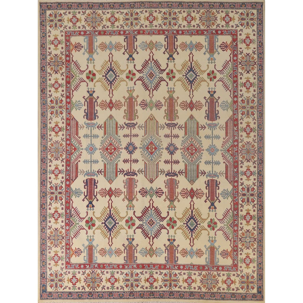 Geometric Beige Kazak Oriental Area Rug Hand-Knotted Wool Carpet - 8'2"x 9'9"