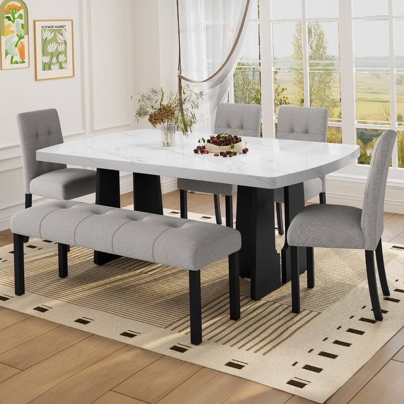 6 Piece Modern Dining Table Set, 63" Faux Marble Dining Table and 4 Upholstered Tufted Dining Chairs - Gray,White