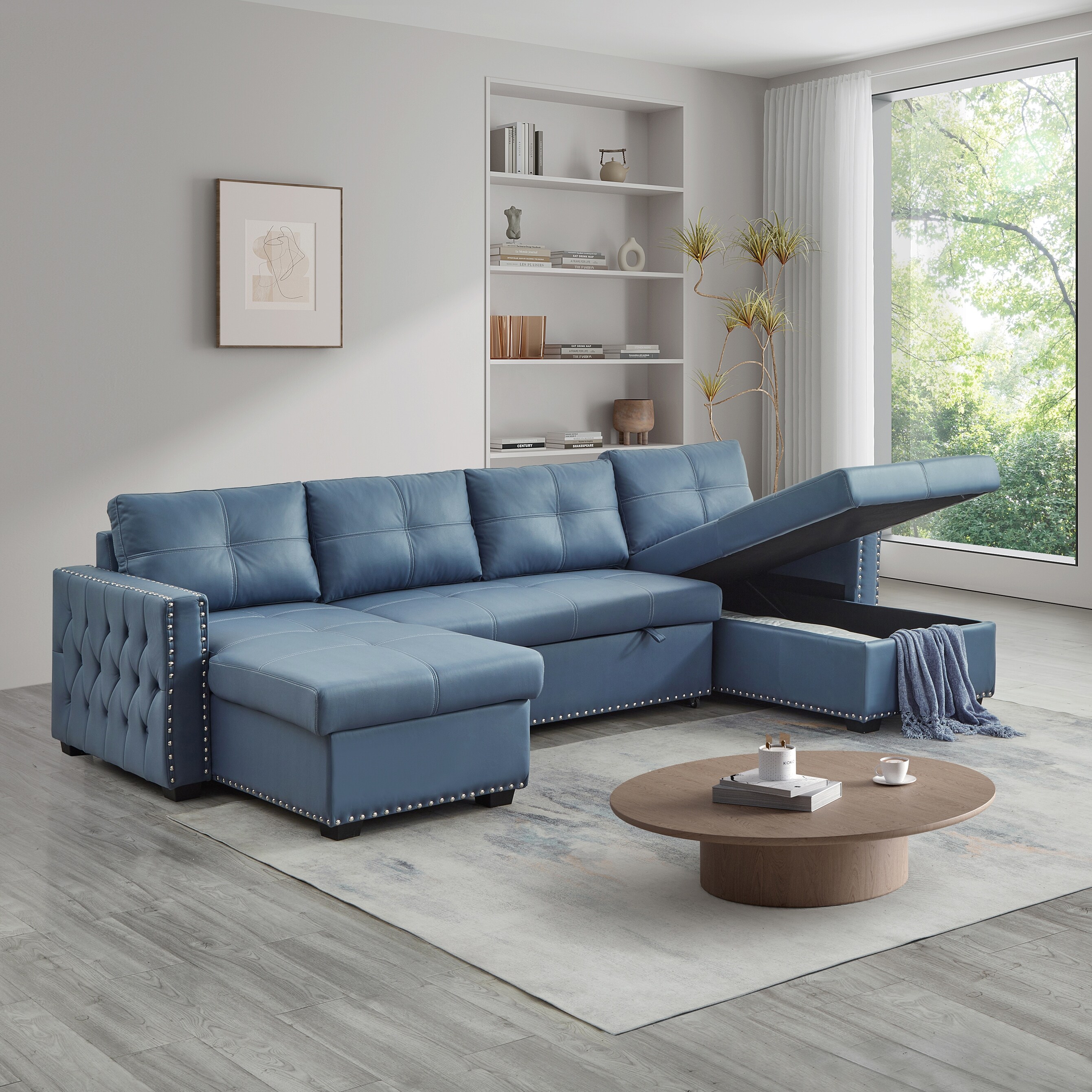Microfiber Sectional Sofa with Pull out Storage Chaise Sofa Bed Convertible Recliner Sofa w Nailhead Trim for Living Room Blue
