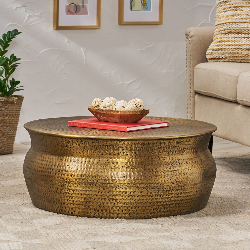 Roomfitters Drum Coffee Table, Round Metal Living Room Center Table with Hammered Design, Modern Accent Table, Coppery