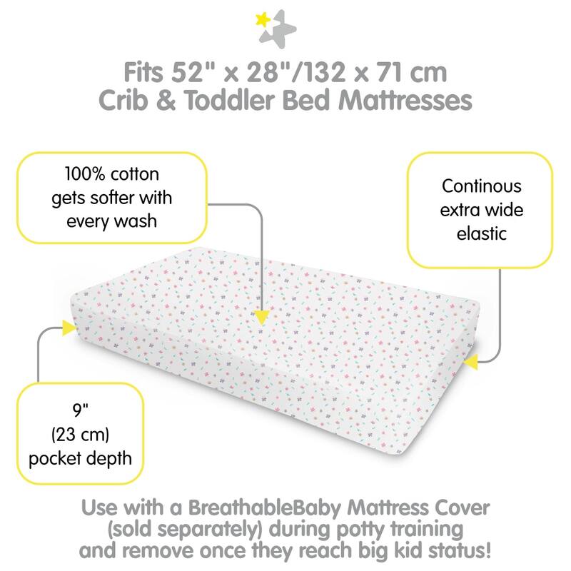 BreathableBaby Cotton Percale Fitted Sheet, For 52" x 28"/132 x 71 cm Crib & Toddler Bed Mattress, Prints (2-Pack)