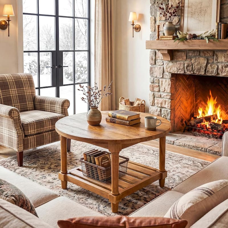 31.5-Inch Round Coffee Table, 2-Tier Circle Accent Table for Living Room, Rustic Brown