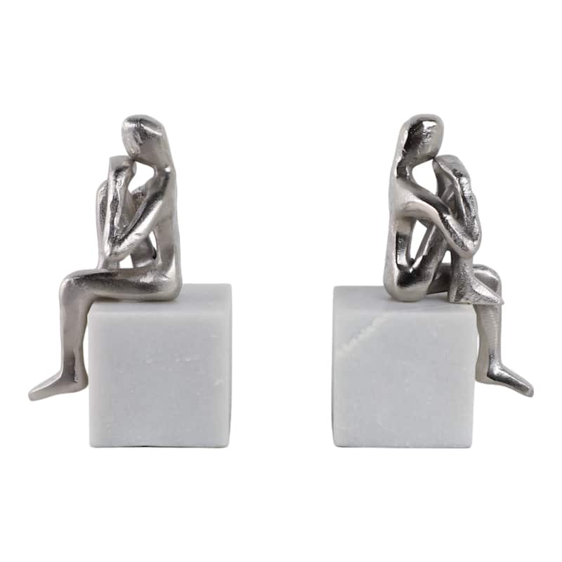 Sagebrook Home Modern Abstract Human Figurine Bookends Set of 2 Made of Marble Stone Metal and Aluminum Sculptural - Silver/ Metallic - 5" x 3" x 7"