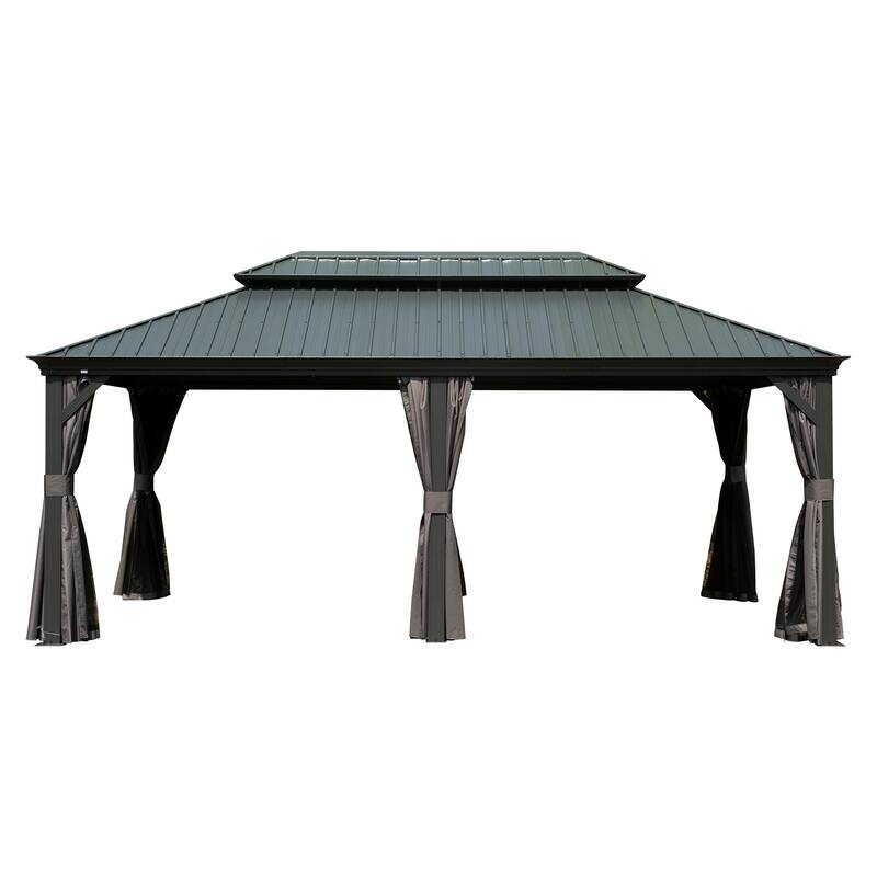 12' X 20' Hardtop Gazebo with Galvanized Steel Roof, Aluminum Frame, Curtains & Netting for Patio, Deck, Garden - Grey