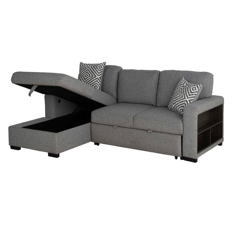 Furniture of America Oswin Modern Grey Pull-Out Sleeper Sofa Sectional with Storage Shelves and USB Ports