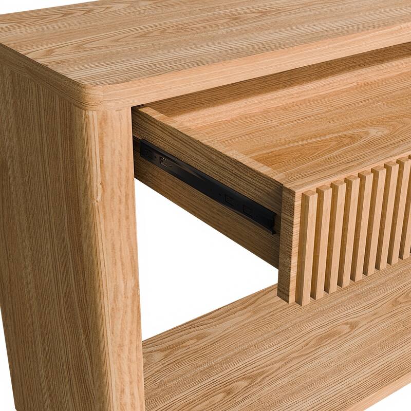 60" Modern 2-Drawer Fluted Console Table Natural Wood Veneer Sofa Table Behind Couch Table for Living Room, Hallway, Entryway