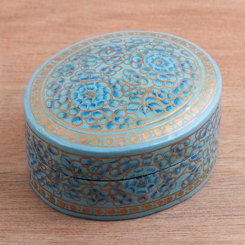 Novica Handmade Blue Blossoms Papier Mache And Wood Decorative Box