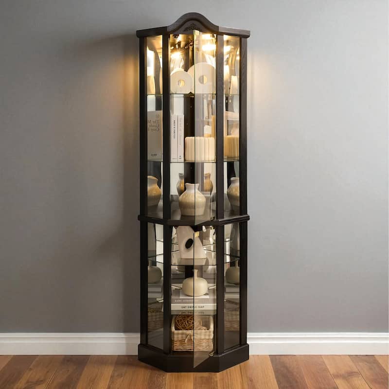 Lighted Corner Curio Cabinet with Glass Doors, Adjustable Shelves & Carved Cherry Decor, Elegant Display Cabinet for Home
