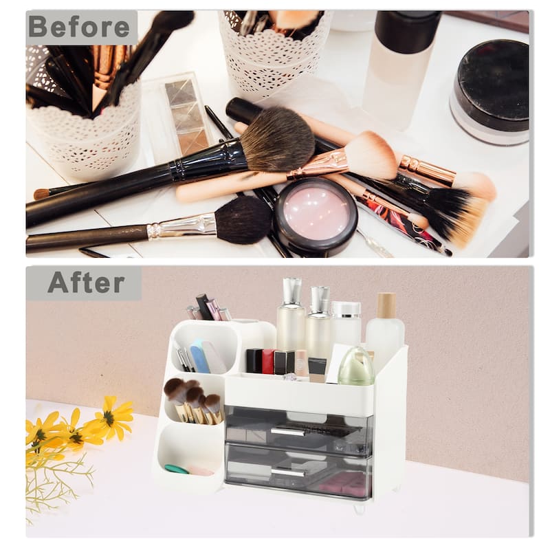 Makeup Organizer Three-Layer Cosmetic Storage w/ Drawer for Vanity Holder White - 13.46"x6.89"x9.84"