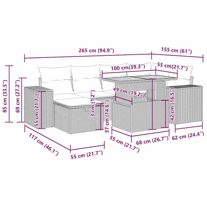 vidaXL Patio Sofa Set with Cushions Outdoor Furniture 7 Piece Poly Rattan - 21.7 x 24.4 x 27.2