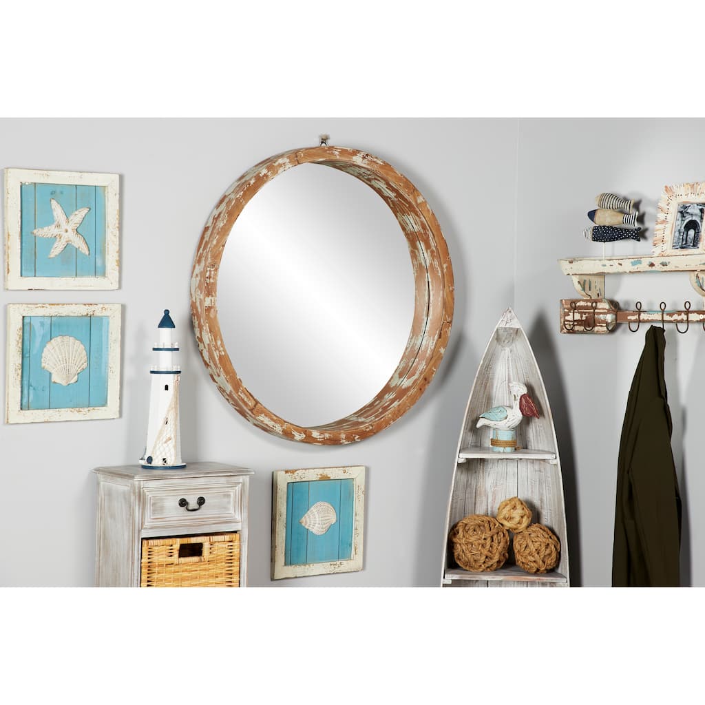 Brown Wood Room Wall Mirror with Cream Distressing