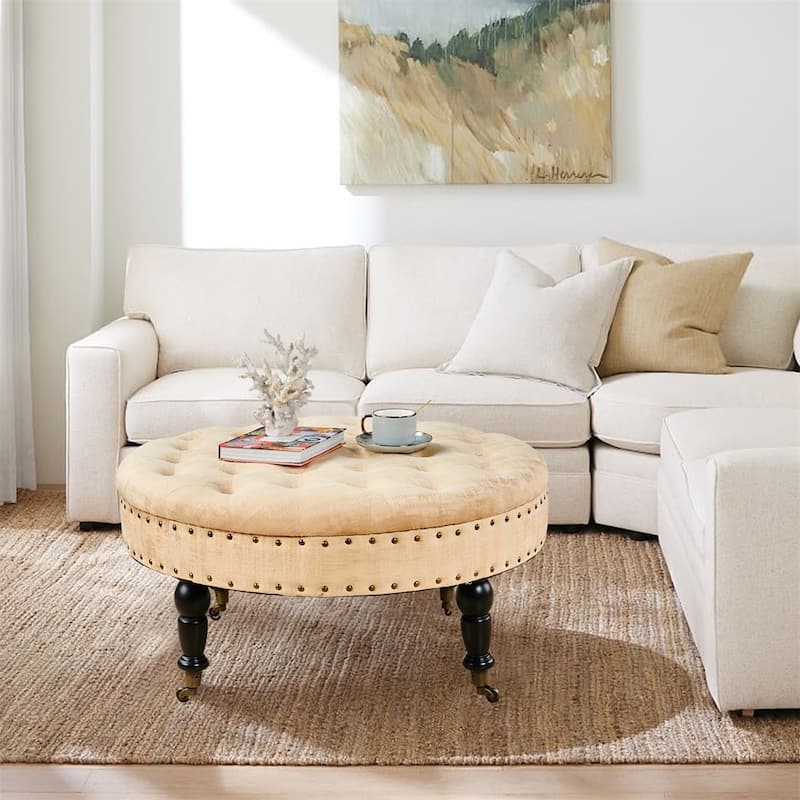 Round Velvet Tufted Coffee Table Ottoman, 34" x 34" x 17" H