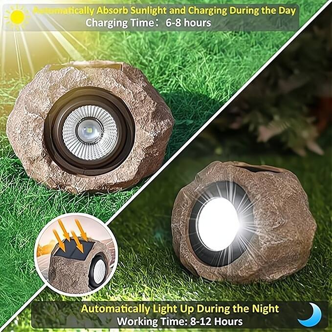 Waterproof Solar LED Rock Light – Stone Garden Pathway Landscape Lighting - Brown