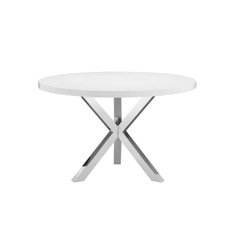 Emi 47 Inch Round Dining Table, X- Cross Brushed Steel, White Wood