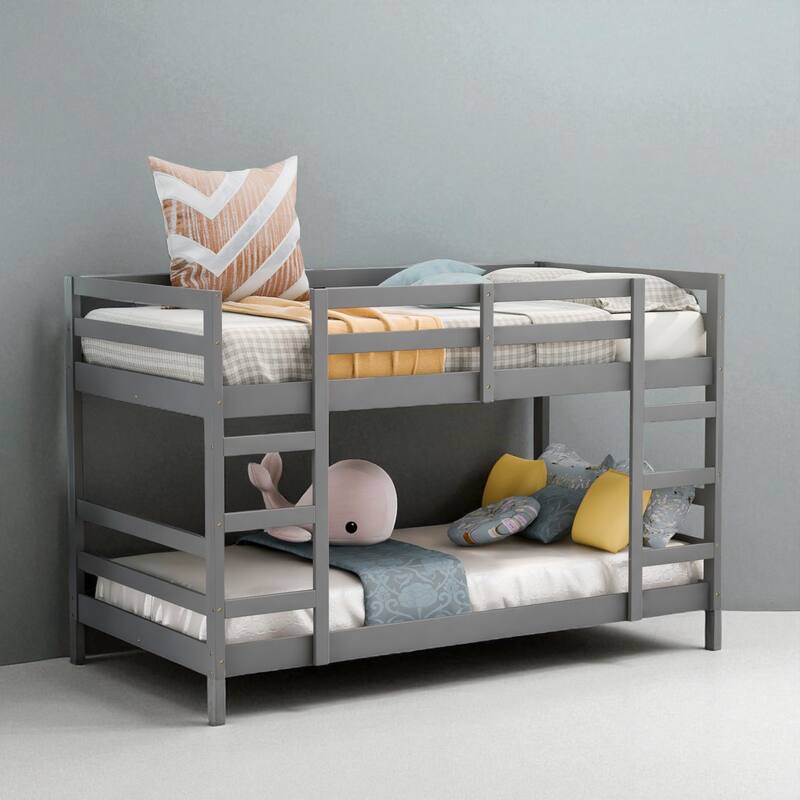 Twin Over Twin Wooden Bunk Bed with Ladder, Guardrails, Solid Pine Frame, No Box Spring Needed