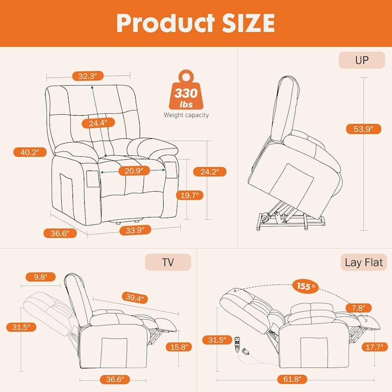 Recliner Chair, Reclining Massage Chair with Heat, Home Theater Seating Electric Power Lift Chair for Living Room