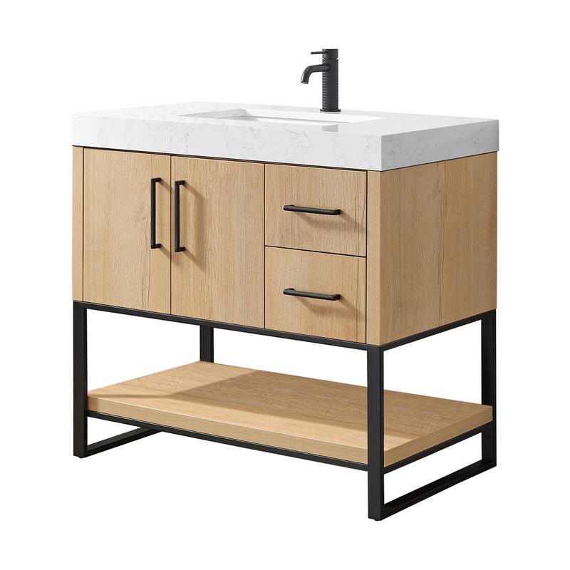 Kolkata Bathroom Vanity in Weathered Oak without Mirror - 36" - Matte Black Hardware