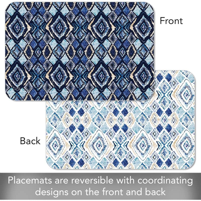 Paloma Indigo 4 Pack Reversible Easy Care Flexible Plastic Placemats Made in The USA BPA Free Easily Wipes Clean