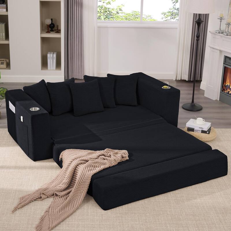 2-in-1 Convertible Sleeper Sofa, Floor Folding Couch, Sofa Bed with Side Pocket, Pull Out Loveseat with Cup Holders