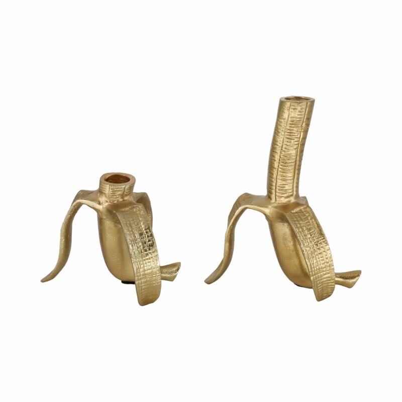 Sagebrook Home Gold Metal Banana Taper Candle Holders, Unique Aluminum and Suar Wood, Set of 2 - 6" x 5" x 7"