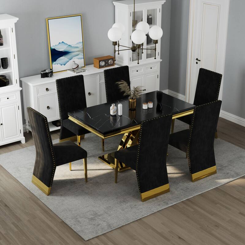 Stylish Modern X Cross Base Dining Room Table Set with Gold Dining Chairs