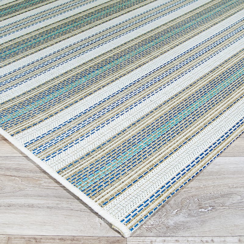 Dream Decor Rugs Samantha Sand Stripe Blue Beige Outdoor Area Rug