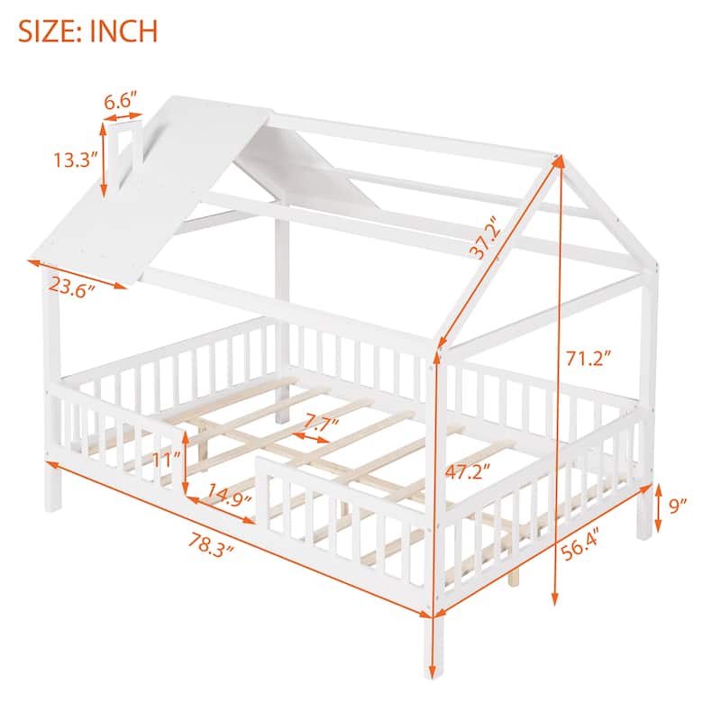 Pine House Platform Bed with Roof and Fence