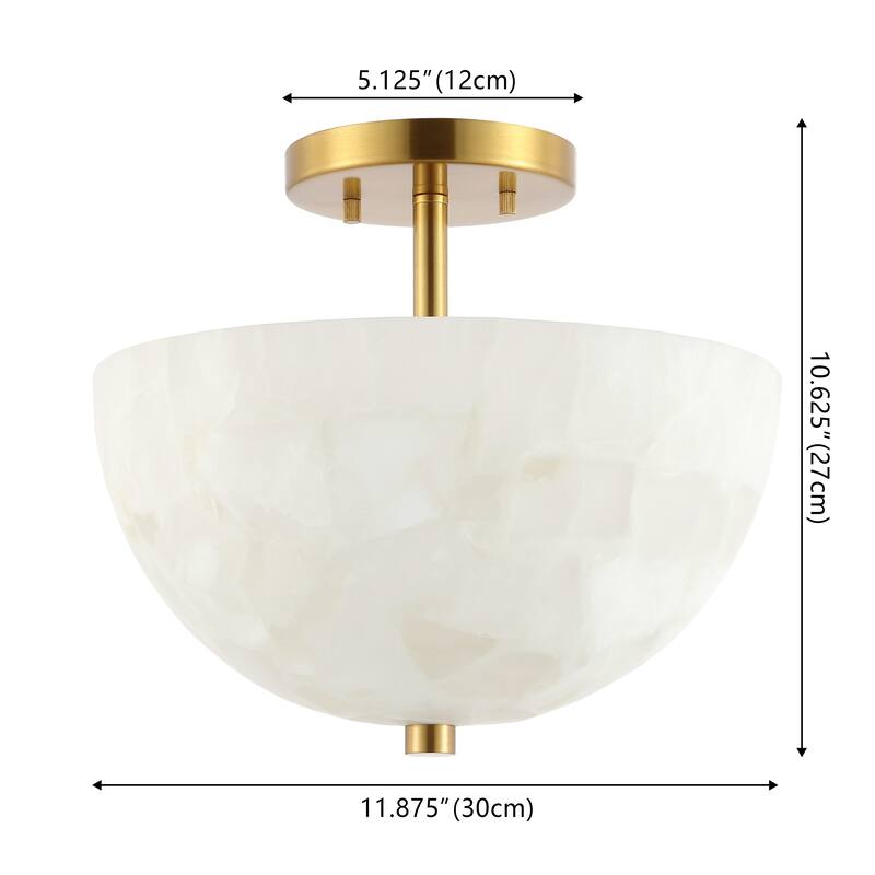 Jules 11.88" 2-Light Modern Alabaster/Iron Inverted Dome LED Semi Flush Mount, White Marbling/Brass Gold by JONATHAN Y