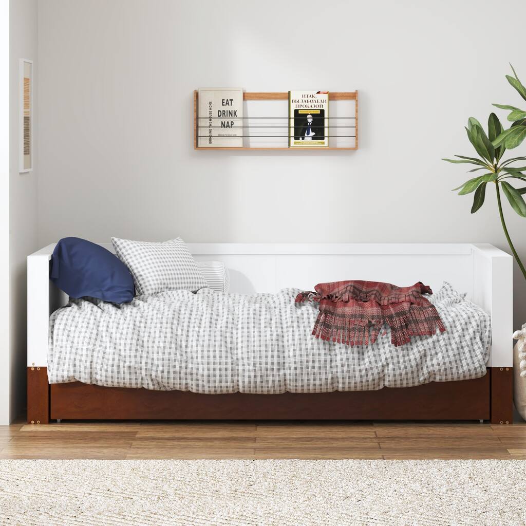 Solid Wood Platform Sofa Bed with Trundle and Guardrail, Wooden Slat Support, Twin Size Daybed Frame, No Box Spring Needed