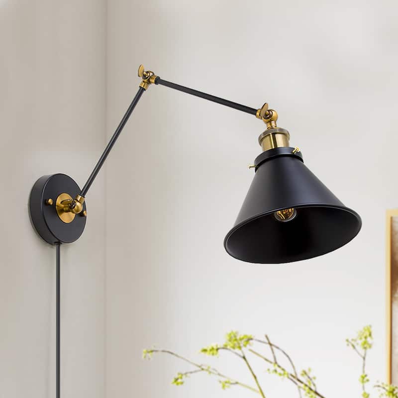 Modern Black 1-Light Swing Arm Light Hardwired or Plug-in Wall Sconces Lamps - L20" * W 7.3" - Black- Plug in cord
