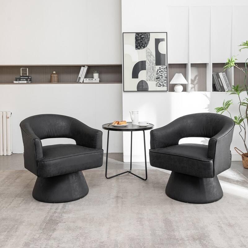 SEYNAR Modern PU Leather 360 Degree Swivel Accent Barrel Chair Set of 2 - Black