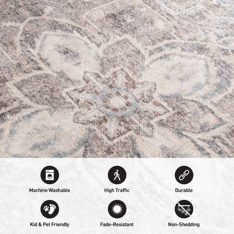 Beige Floral Medallion Washable Rug - Low Pile, Non-Slip