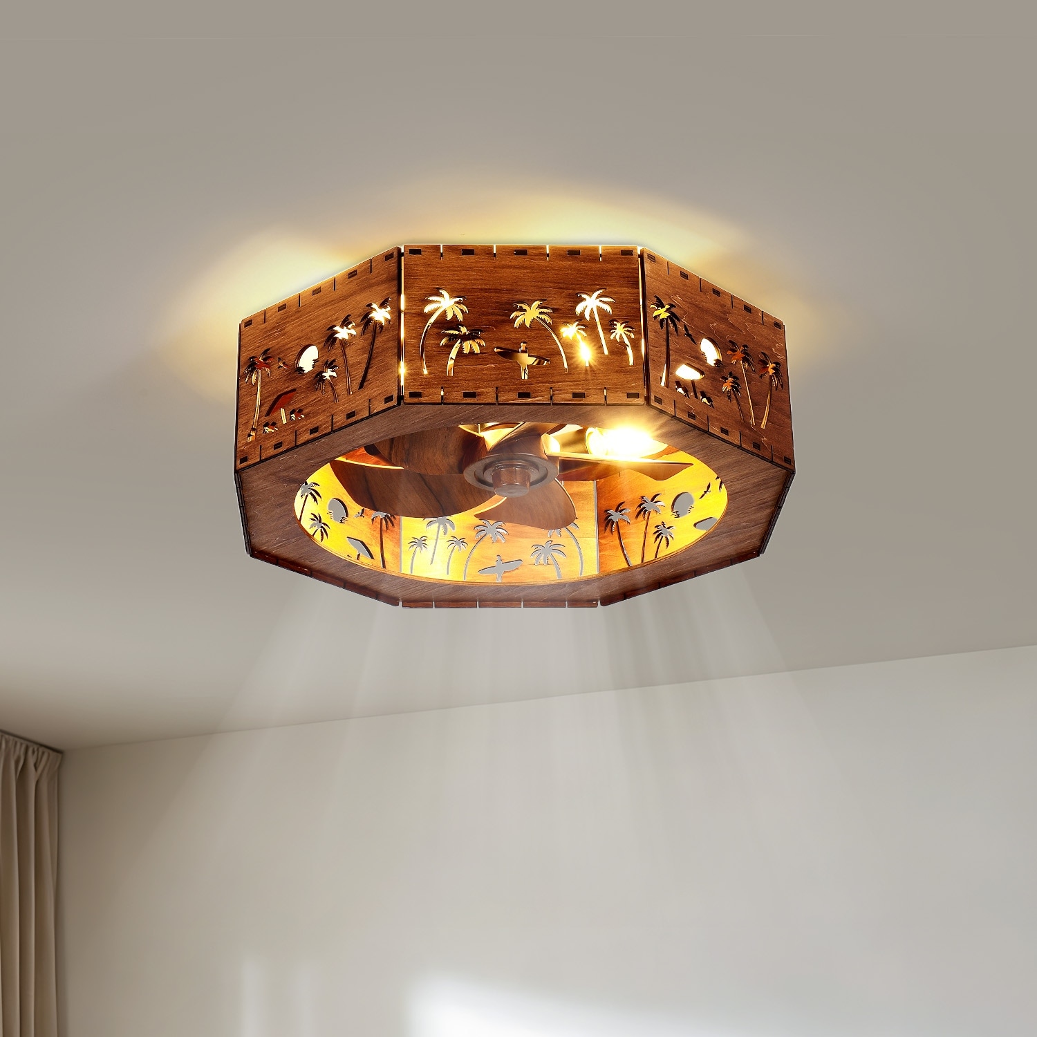 19.7" Low Profile Farmhouse Caged Wood Ceiling Fan with Lights and Remote, Reversible DC Motor, 6 Speeds Bladeless Fandelier